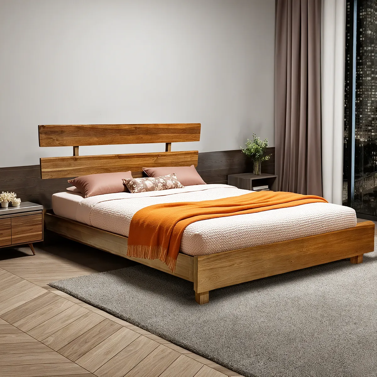 Walnut Acacia Wood Queen Size Bed Frame